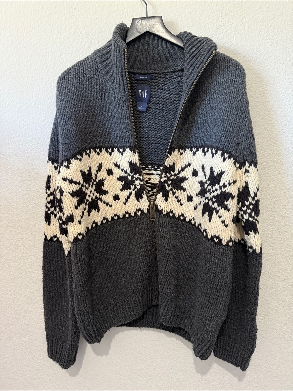 GAP Vintage Charcoal Zip-Front Nordic Fair Isle Cardigan Sweater